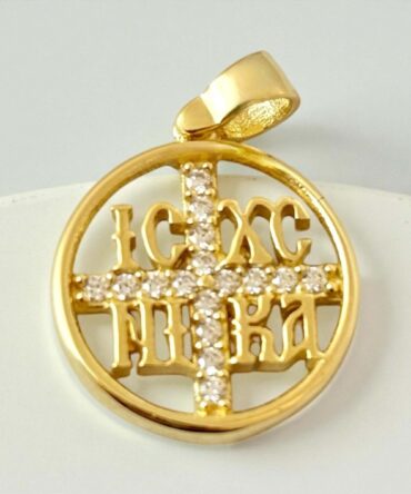 Χρυσό κωσταντινάτο για νεογέννητο κοριτσάκι με πέτρες ζιργκόν σε στρογγυλό σχήμα , κ14