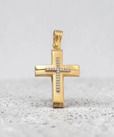 Χρυσός σταυρός βάπτισης για κορίτσι με συνδυασμό ματ και λουστράτης επιφάνειας και πέτρες ζιργκόν , κ14
