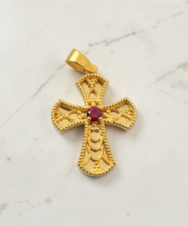 Χρυσός σταυρός βάπτισης για κορίτσι βυζαντινός με κόκκινη πέτρα ζιργκόν , κ14