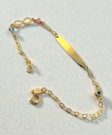 Χρυσή ταυτότητα για νεογέννητο κοριτσάκι με ματάκι-άπειρο και ροζ-γαλάζιες πέτρες ζιργκόν , κ14