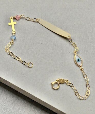 Χρυσή ταυτότητα για νεογέννητο κοριτσάκι με ματάκι-σταυρουδάκι και ροζ-γαλάζιες πέτρες ζιργκόν , κ14