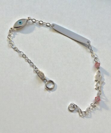 Λευκόχρυση ταυτότητα για νεογέννητο κοριτσάκι με ματάκι-κοριτσάκι και ροζ πέτρες ζιργκόν , κ14