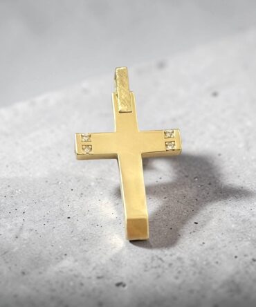 Χρυσός σταυρός βάπτισης για κορίτσι με λουστράτη επιφάνεια και πέτρες ζιργκόν διπλής όψης , κ9