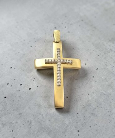 Χρυσός σταυρός βάπτισης για κορίτσι με λουστράτη επιφάνεια και πέτρες ζιργκόν διπλής όψης , κ9