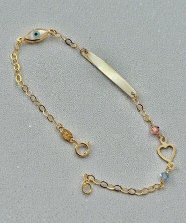 Χρυσή ταυτότητα για νεογέννητο κοριτσάκι με ματάκι-καρδούλα και γαλάζιες-ροζ πέτρες ζιργκόν, κ14