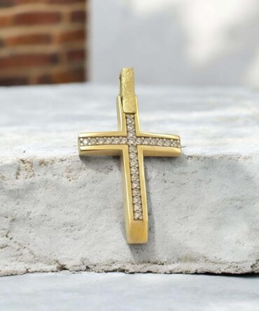 Χρυσός σταυρός βάπτισης για κορίτσι με λουστράτη επιφάνεια και πέτρες ζιργκόν διπλής όψης , κ9