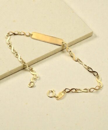 Χρυσή ταυτότητα για νεογέννητο unisex με αλυσιδάκι σχήματος άπειρο και κοκκίδωση στο πλακάκι , κ9