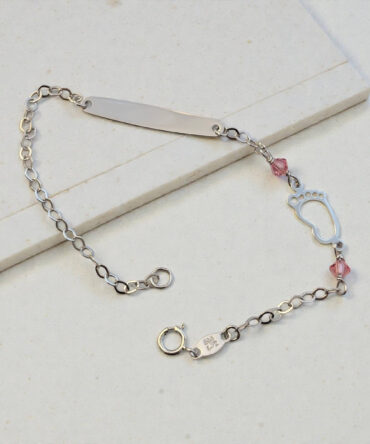 Λευκόχρυση ταυτότητα για νεογέννητο κοριτσάκι με ματάκι-πατουσάκι και ροζ πέτρες ζιργκόν , κ14