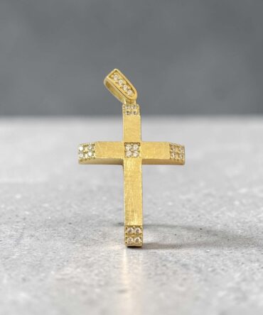 Χρυσός σταυρός βάπτισης για κορίτσι με διαμανταριστή επιφάνεια και πέτρες ζιργκόν διπλής όψης , κ9