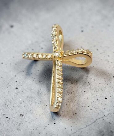 Χρυσός σταυρός βάπτισης για κορίτσι με πέτρες ζιργκόν σε ιδιαίτερο σχήμα , κ14