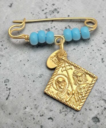 Χρυσή παραμάνα για νεογέννητο με χρυσό κωσταντινάτο και μπλε χάντρες , κ9