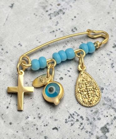 Χρυσή παραμάνα για νεογέννητο με χρυσό κωσταντινάτο-σταυρουδάκι-ματάκι και μπλε χάντρες , κ9