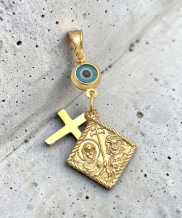 Χρυσό κωσταντινάτο διπλής όψης για νεογέννητο unisex με ματάκι και σταυρουδάκι , κ9