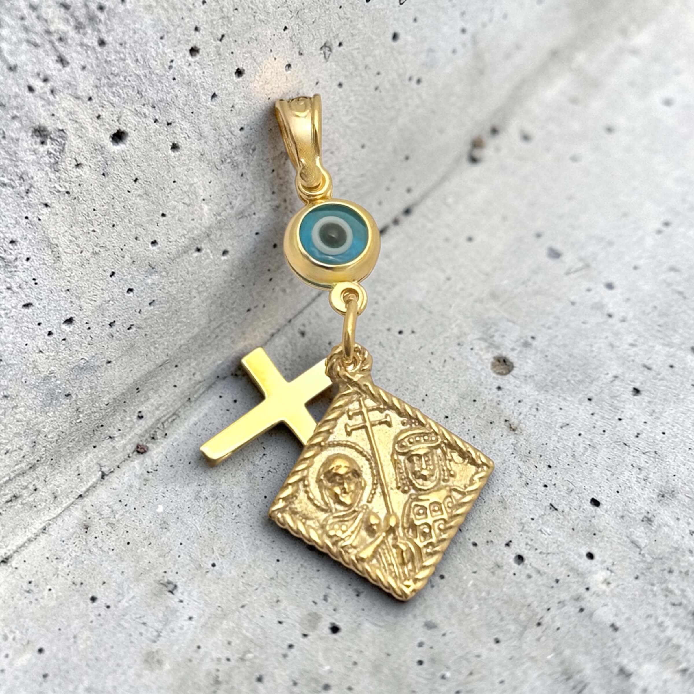 Χρυσό κωσταντινάτο διπλής όψης για νεογέννητο unisex με ματάκι και σταυρουδάκι , κ9