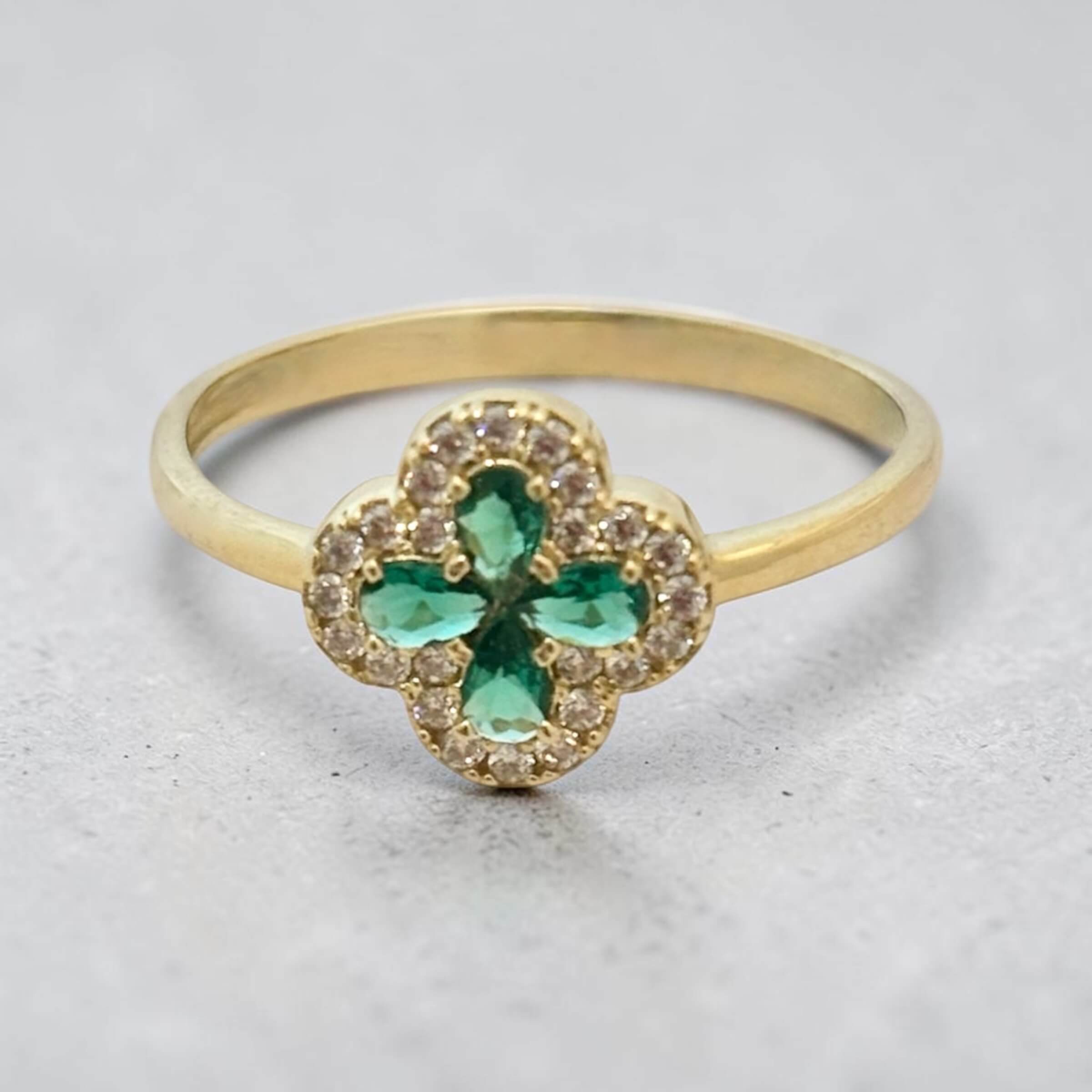 Χρυσό δαχτυλίδι γυναικείο τύπου Van cleef με πράσινες πέτρες ζιργκόν ,κ9