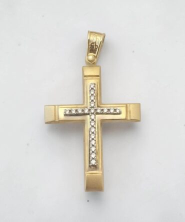 Χρυσός σταυρός βάπτισης για κορίτσι με συνδυασμό ματ και λουστράτης επιφάνειας με πέτρες ζιργκόν , κ14