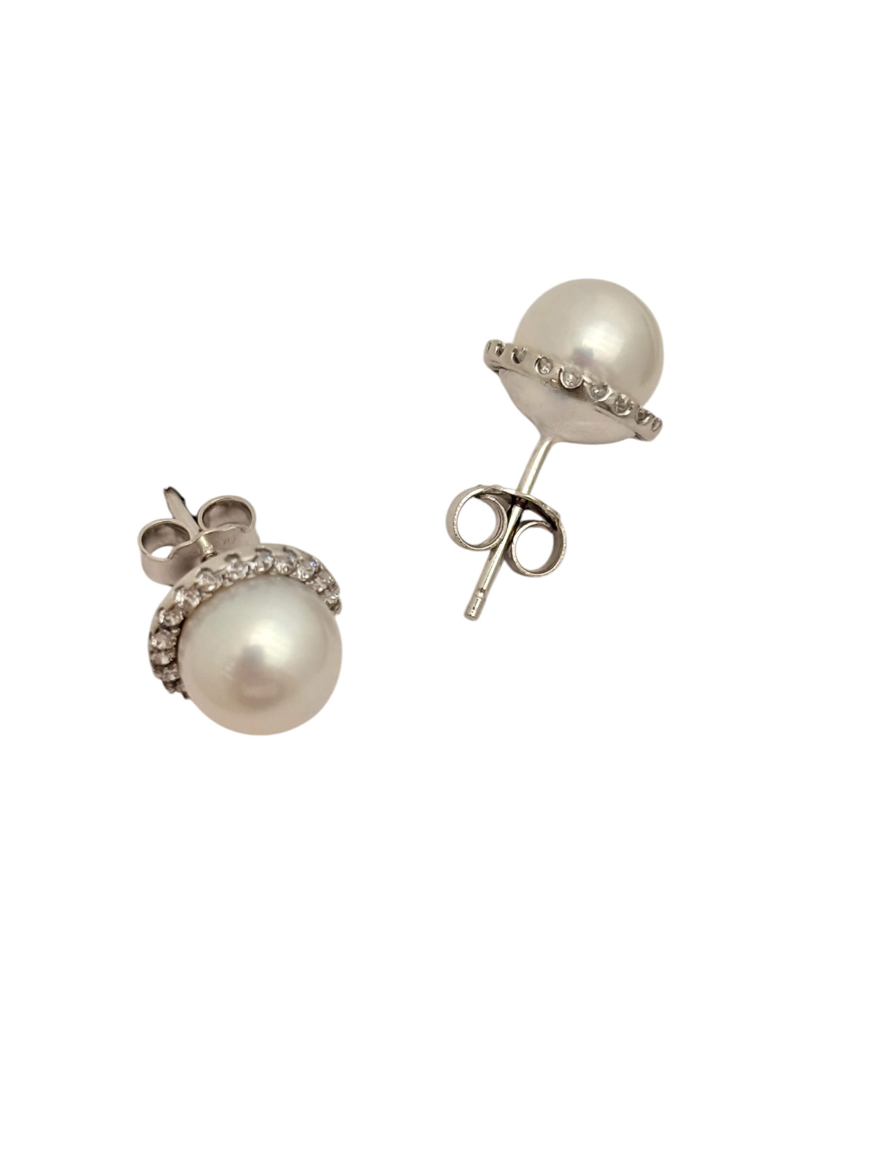 Λευκόχρυσα σκουλαρίκια γυναικεία καρφωτά στο αυτί στυλ ροζέτα με μαργαριτάρι και πέτρες ζιργκόν , κ14 - Image 2