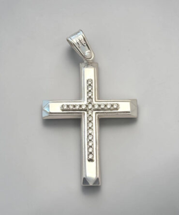 Λευκόχρυσος σταυρός βάπτισης για κορίτσι λουστράτος με ματ λεπτομέρειες και πέτρες ζιργκόν , κ14