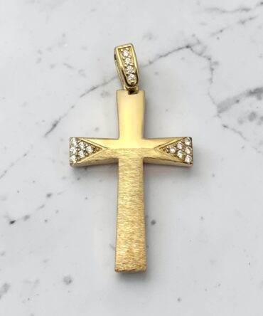 Χρυσός σταυρός βάπτισης για κορίτσι λουστράτος και ματ με πέτρες ζιργκόν διπλής όψης ,κ9