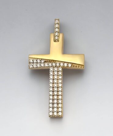 Χρυσός σταυρός βάπτισης για κορίτσι με πέτρες ζιργκόν διπλής όψης, 9κ