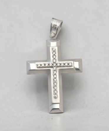 Λευκόχρυσος σταυρός βάπτισης για κορίτσι ματ με λουστράτες λεπτομέρειες και πέτρες ζιργκόν , κ14