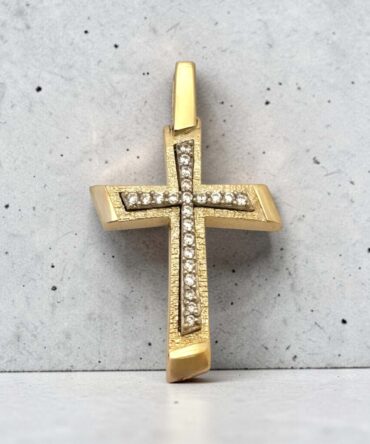 Χρυσός σταυρός βάπτισης για κορίτσι ματ σε συνδυασμό με λουστράτες άκρες και πέτρες ζιργκόν διπλής όψης ,κ9