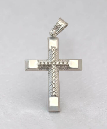 Λευκόχρυσος σταυρός βάπτισης για κορίτσι λουστράτος με σκάλισμα στο κέντρο και πέτρες ζιργκόν , κ14