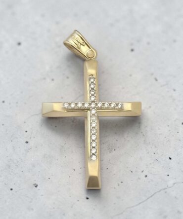 Χρυσός σταυρός βάπτισης για κορίτσι με ματ επιφάνεια και πέτρες ζιργκόν , κ14