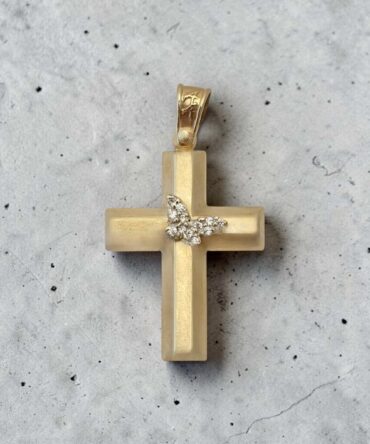 Χρυσός σταυρός βάπτισης για κορίτσι με πεταλούδα στο κέντρο και πέτρες ζιργκόν  ,κ14