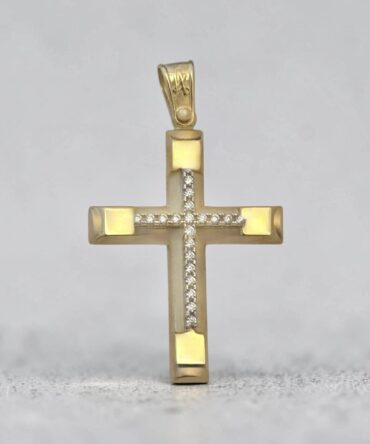 Χρυσός σταυρός βάπτισης για κορίτσι με συνδυασμό ματ και λουστράτης επιφάνειας με πέτρες ζιργκόν , κ14