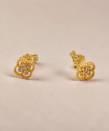 Χρυσά σκουλαρίκια γυναικεία καρφωτά στο αυτί τύπου Van cleef με πέτρες ζιργκόν , κ14