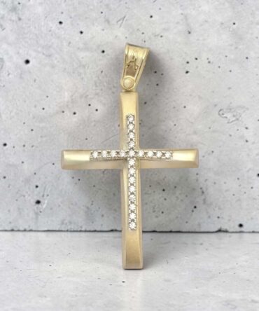Χρυσός σταυρός βάπτισης για κορίτσι λουστράτος σε συνδυασμό με ματ και πέτρες ζιργκόν , κ14